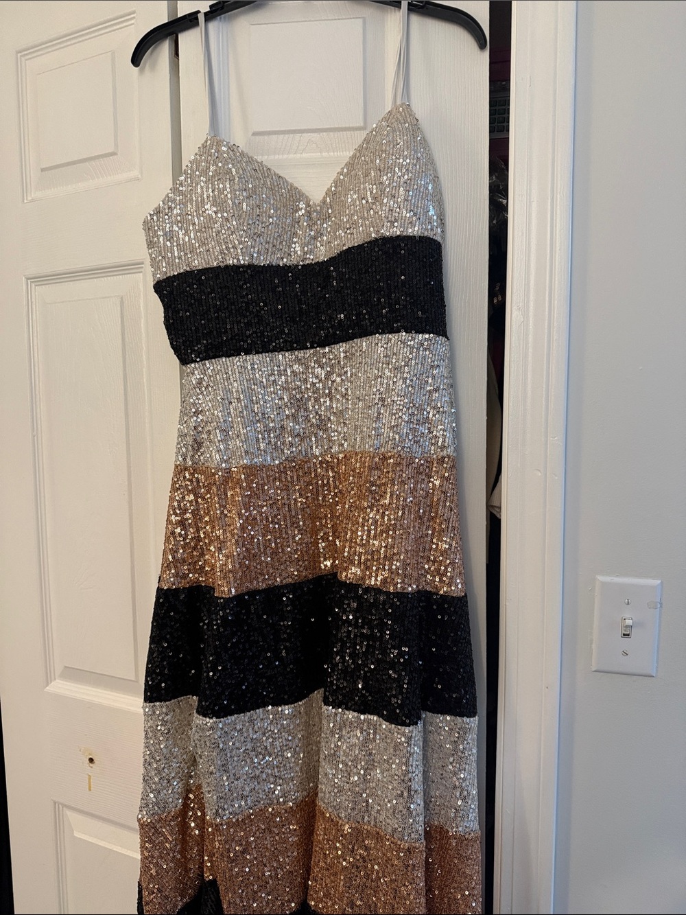 Maison Tara Strapless Sequin Stripe Gown in Silver, Black & Gold